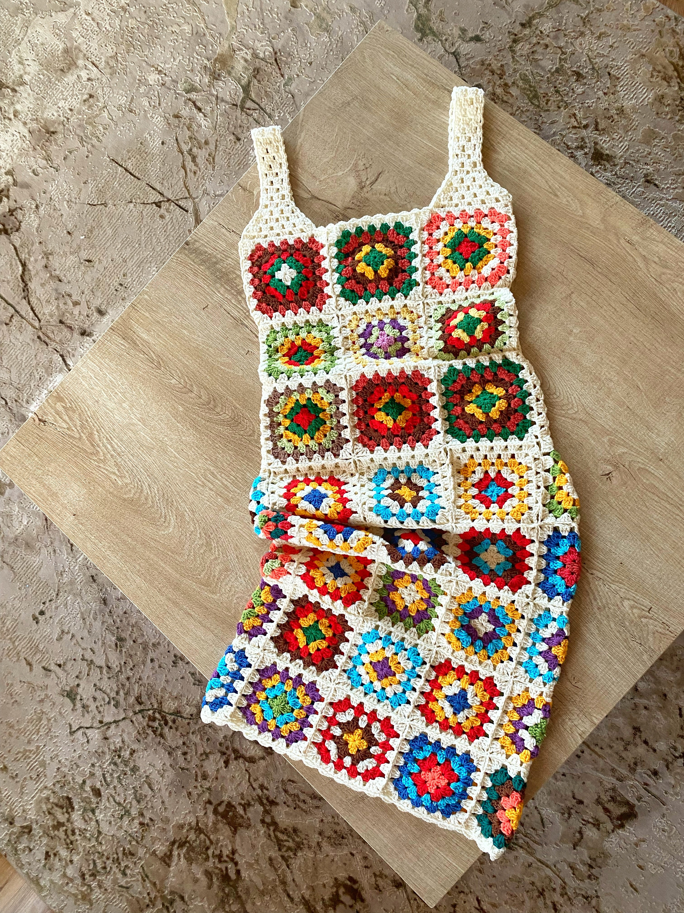 Crochet Granny Square Dress: Colorful Vintage Boho Style