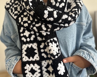 Handmade Black & White Crochet Granny Square Scarf