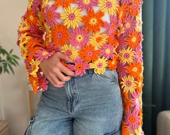 Floral crochet sweater, crochet sweater
