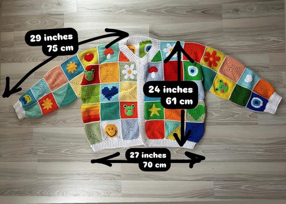 Handknit Crochet Patchwork Cardigan: Multicolor Granny Square