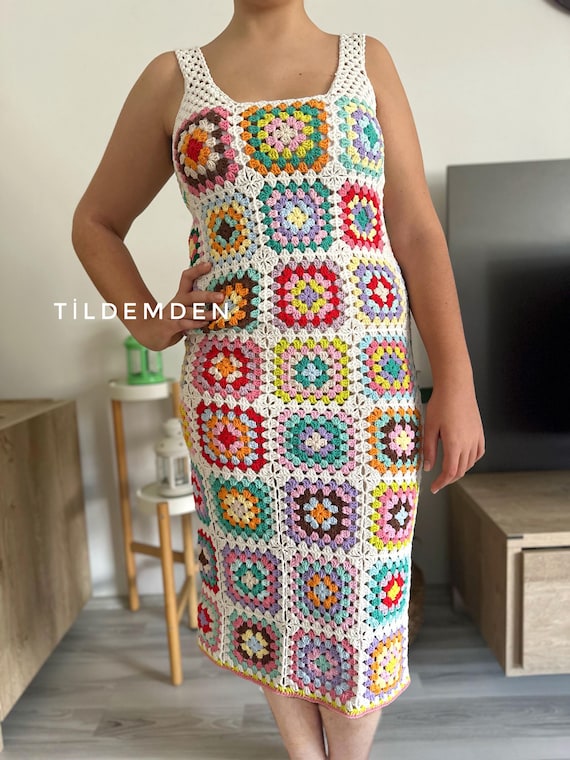 Crochet Granny Square Dress: Colorful Vintage Rainbow Boho Dress