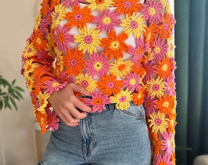Floral Crochet Sweater: Handmade Colorful Knit Top
