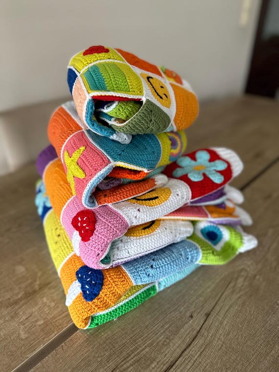 Handknit Crochet Patchwork Cardigan: Multicolor Granny Square