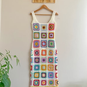 Crochet granny square dress , vintage dress, colorful dress , rainbow crochet dress , boho dress