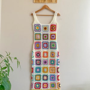 Crochet granny square dress , vintage dress, colorful dress , rainbow crochet dress , boho dress
