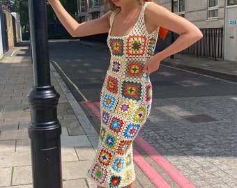 Crochet Granny Square Dress: Colorful Vintage Boho Style
