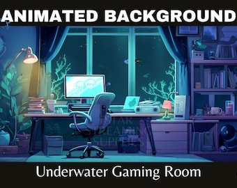Könnte beinhalten: Ein animierter Hintergrund mit einem Unterwasser-Gaming-Raum mit einem Computer, Schreibtisch, Stuhl und Bücherregal. Der Raum ist mit Korallen, Fischen und Blasen dekoriert. Der Text "Underwater Gaming Room" befindet sich am unteren Rand des Bildes.