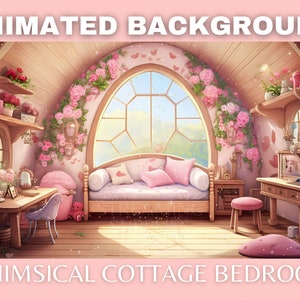 May include: Whimsical cottage bedroom with a large arched window, a pink couch, a desk with a chair, and a pink vanity with a mirror. The walls are covered in pink roses and vines. The room is filled with sunlight.
