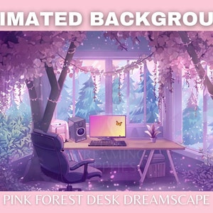 Fantasy Forest Vtuber Animated Background Twitch Overlay, Cozy Lofi Pink Gaming Desk Stream Scene, pngtuber Assets, Glitter Virtual Overlay
