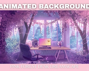 Fantasy Forest Vtuber Animated Background Twitch Overlay, Cozy Lofi Pink Gaming Desk Stream Scene, pngtuber Assets, Glitter Virtual Overlay