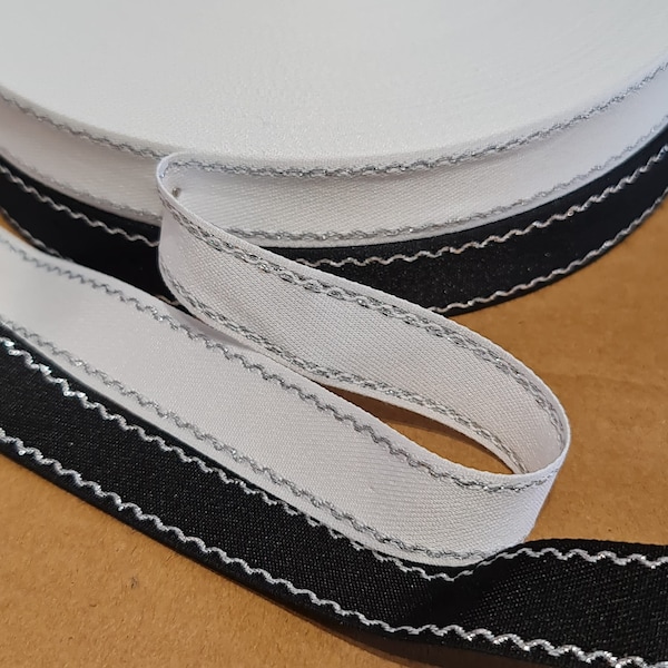 10 meters -- 2 cm Silver Lurex Jacquard Ribbon, Jacquard Trim, Silver Lurex, Black and White, Glitter Trim, Metallic, Sateen