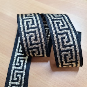10 metri -- 4 cm Nastro Jacquard con motivo greco nero e oro, Bordo geometrico, Chiave greca, Nastro vintage, Decorativo, Finiture da cucito