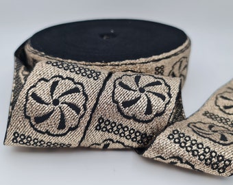 10 meters-- 5 cm Black-Gold / Black-Silver Flower Pattern Lurex Jacquard Ribbon, Jacquard Trim, Sparkly Gold, Glitter Metallic Trim