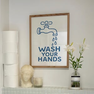 Wash Your Hands Print, Funny Bathroom Print, Cute Bathroom Decor, Trendy Blue Bathroom Poster, Classroom Toilet Wall Decor, Printable Poster