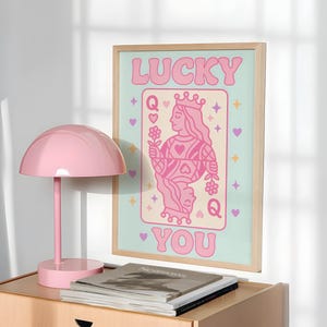 Lucky You Queen Poster, Pink Playing Card Wall Art, Love Card Illustration, Retro Pop Art Print, Girly Digital Download