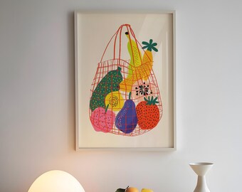 Kitchen Wall Art, Kitchen Decor, Fruits in Bag Print, Food Art Print, Dining Room Decor, Kitchen Ingredient Art Print, Digital Download