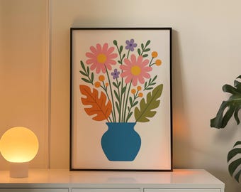 Impresión artística de jarrón de flores: Póster de ramo botánico (descarga digital)