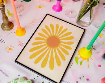 Retro Yellow Daisy Flower Print, Boho Botanical Wall Art, Floral Poster, Digital Download
