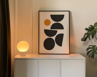 Czarno-pomarańczowy abstrakcyjny wydruk artystyczny, minimalistyczny plakat z geometrycznymi kształtami, natychmiastowe pobranie cyfrowe
