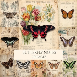 May include: A digital collage sheet featuring vintage botanical illustrations of tulips and lilies, various butterfly species, and antique ledger paper backgrounds. The text reads BULBS AND PERENNIALS 1905 and BUTTERFLY NOTES 79 PAGES with detailed order notes.