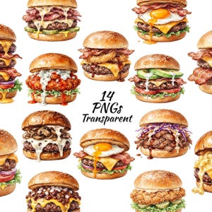 Op de afbeelding: Een verzameling van 14 aquarel-stijl hamburgerillustraties met diverse toppings zoals spek, gebakken eieren, gesmolten kaas, avocado, champignons en pulled pork, met de tekst 14 PNGs Transparent in het midden van de afbeelding.
