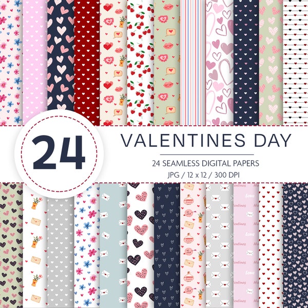 24 Valentine's Day Digital Papers, Valentine Hearts Seamless Digital Papers,  Hearts Wallpaper, Heart Background, Love Paper Pack