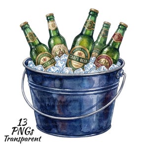 13 bieremmer clipart png, aquarel drankjes op ijs afbeeldingen, zomer BBQ-party graphics, champagnekoeler transparante alcohol ephemera