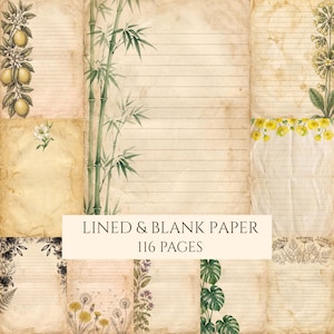 May include: A collection of 116 pages of lined and blank paper featuring vintage-style aged textures. The sheets are decorated with botanical illustrations including lemons, bamboo stalks, yellow flowers, dandelions, and monstera leaves in various layouts.