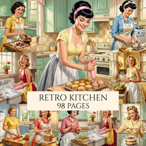 Könnte beinhalten: Eine Sammlung von Illustrationen, die Personen in Küchen zeigen, die Schürzen tragen und Essen zubereiten. Die Bilder zeigen verschiedene Kochaktivitäten, darunter das Verzieren von Cupcakes, das Schneiden von Gemüse und das Abwaschen, mit dem Text RETRO KITCHEN 98 PAGES.