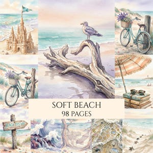 May include: Watercolor artwork featuring beach scenes. Includes a sandcastle with a flag, a seagull on driftwood, a bicycle with a basket of lavender, and a beach umbrella. The text "SOFT BEACH 98 PAGES" is also visible.