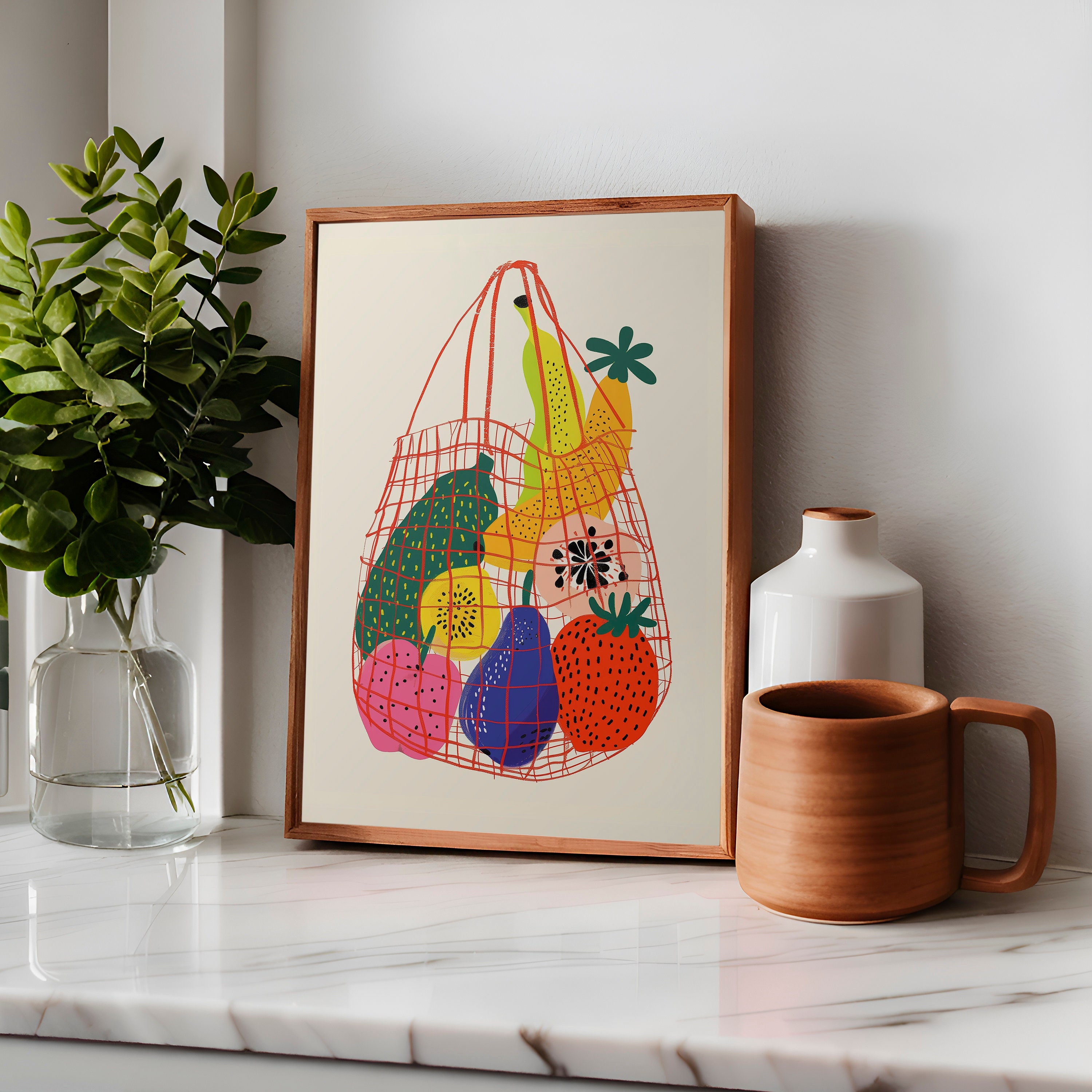 set of 2 kitchen prints | kitchen wall art, fruit wall... Kitchen Wall Art, Kitchen Decor, Fruits in Bag Print, Food Art Print ...