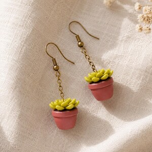 May include: A pair of dangle earrings featuring miniature green succulent plants potted in small terracotta-colored containers. The charms are suspended from bronze-toned metal chains and matching ear wires, creating a cohesive botanical design.
