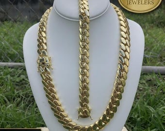 Miami Cuban Link 15mm SET Chain Necklace Bracelet 14k Gold Plated SOLID Box Lock