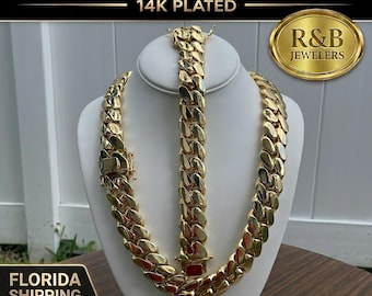 Miami Cuban Link SET 22MM SOLID Chain Necklace Bracelet 14k Gold Plated Box Lock Heavyweight