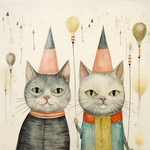 Whimsical Party Cats with Balloons - Printable Wall Décor