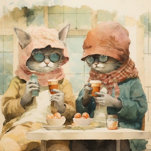 Whimsical Feline Café - Printable Wall Art