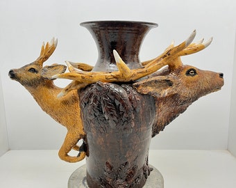 Large Vase With Roe and Deer  , Handmade Ceramic 3D Deer Statue Vase , Special and Unique Product