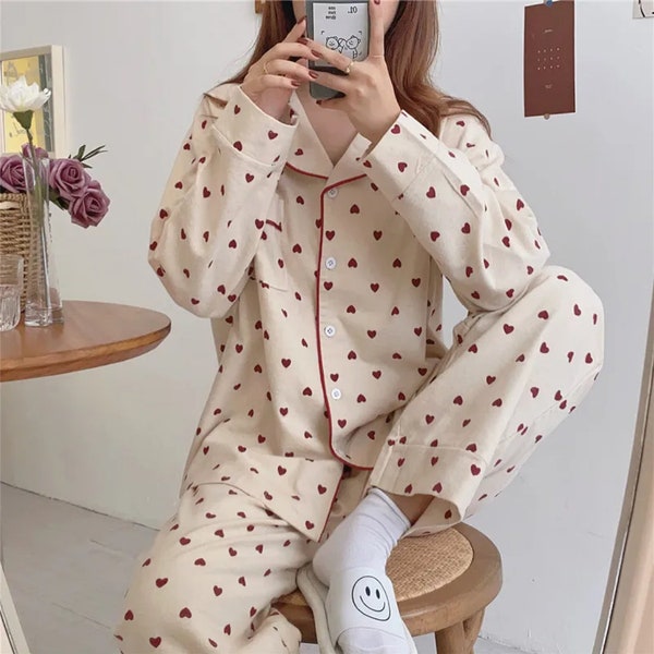 Ensemble de pyjama pour femme imprimé coeurs printemps