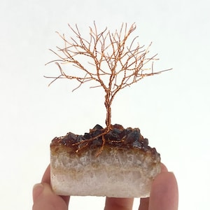 Miniature Upcycled Twisted Copper Wire Tree Sculpture on Uruguay Amethyst Crystal Base: Nature Art