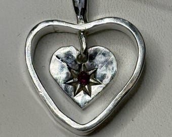 Silver Heart with swing heart pendant and garnet stone