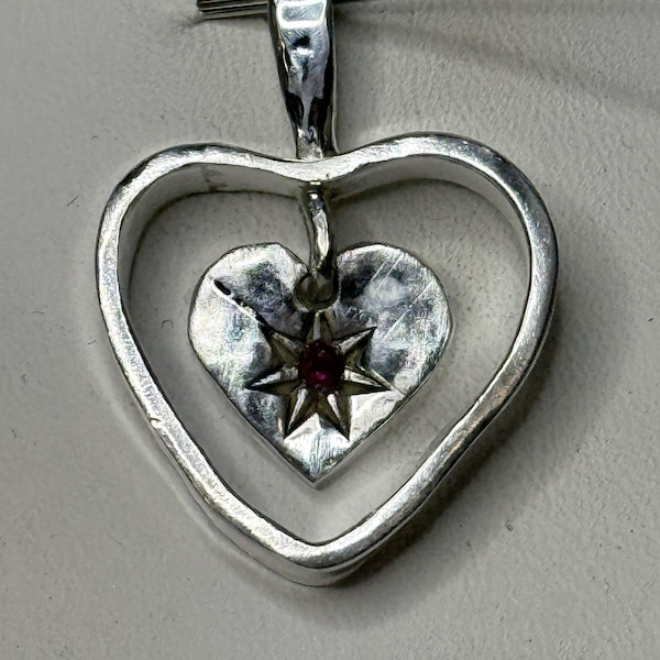 Silver Heart with swing heart pendant and garnet stone