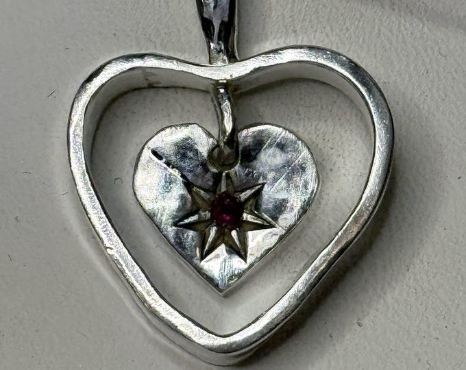 Silver Heart with swing heart pendant and garnet stone