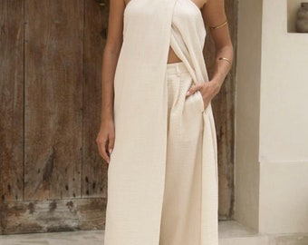 Boho Cotton Wide Leg Palazzo Pants Set, Goddess Backless Dress, Beach Cover Up