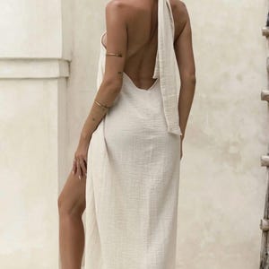 Conjunto de vestido bohemio de lino sin espalda, vestido de diosa, ropa de resort, traje egipcio, dama de honor y boda.