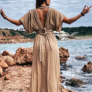 Vestido de diosa, traje de Cleopatra, vestido largo de verano, vestido de corte alto, vestido Cottagecore, vestido de novia boho, vestido de gasa de lino, vestido egipcio imagen 1