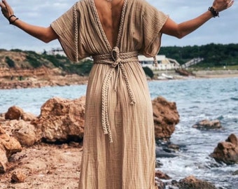 Goddess Dress,Boho Wedding Dress,Summer Long Dress,Cleopatra Costume,Egyptian Dress,Backless Dress,High Slit Dress,Linen Gauze Dress,Gıft