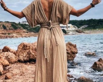 Vestido de diosa, traje de Cleopatra, vestido largo de verano, vestido de corte alto, vestido Cottagecore, vestido de novia boho, vestido de gasa de lino, vestido egipcio