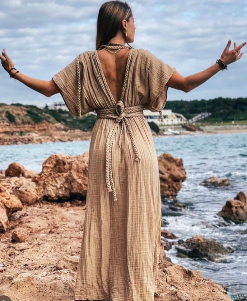 Goddess Dress,Cleopatra Costume,Long Summer Dress,High Slit Dress,Cottagecore Dress,Boho Wedding Dress,Linen Gauze Dress,Egyptian Dress image 1