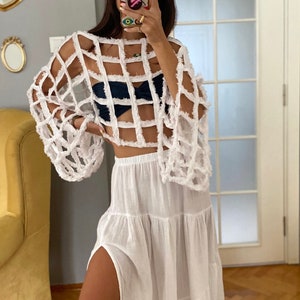 Blusa de lino estilo bohemio, blusa corta de algodón, blusa de mujer, blusa bohemia, blusa de lino estilo bohemio, camisa de lino para mujer, blusa con cintura elástica, ropa de resort, blusa corta de lino