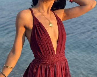 Vestido longo boho de linho, modelo deusa com costas abertas, ideal para resorts, traje egípcio, dama de honra e casamento.